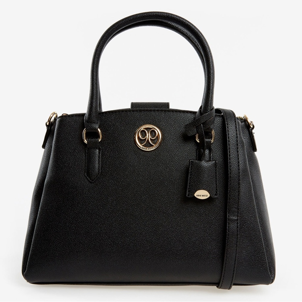 Nine West Coley Refined Leather Grab Handle Bag EUC Work Carryall Gold Accents